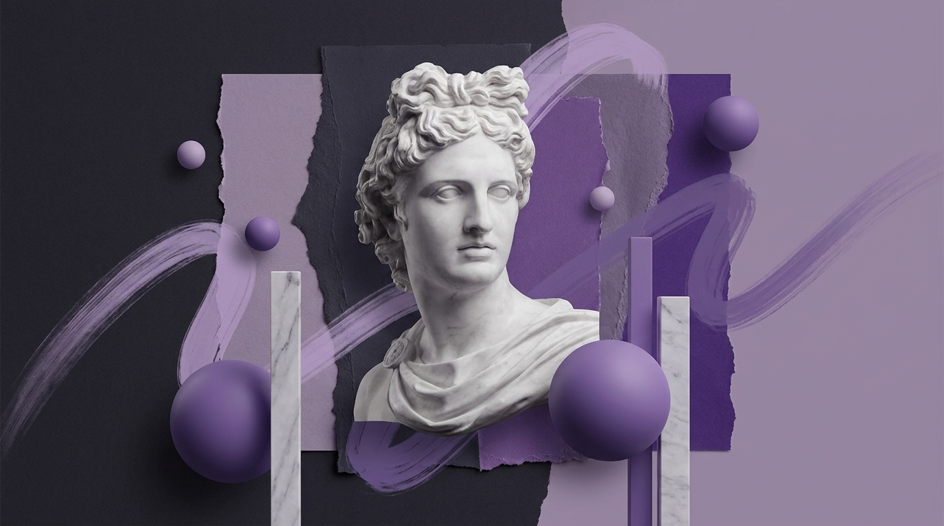 Colagem editorial com estátua e elementos de marketing